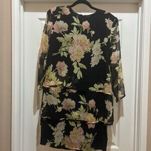 Constance Saunders Vtg Women’s Black Floral Silk Tiered Dress 12 Mother of Bride